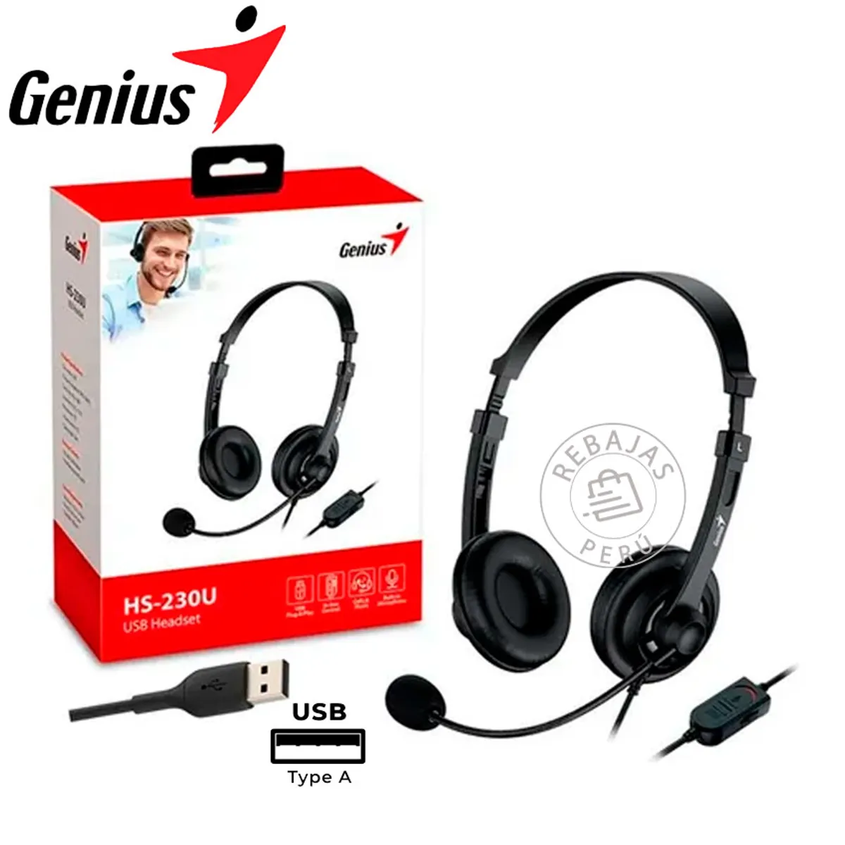 GENIUS - Genius HS-230U Audífono USB-A 24M con Micrófono Negro