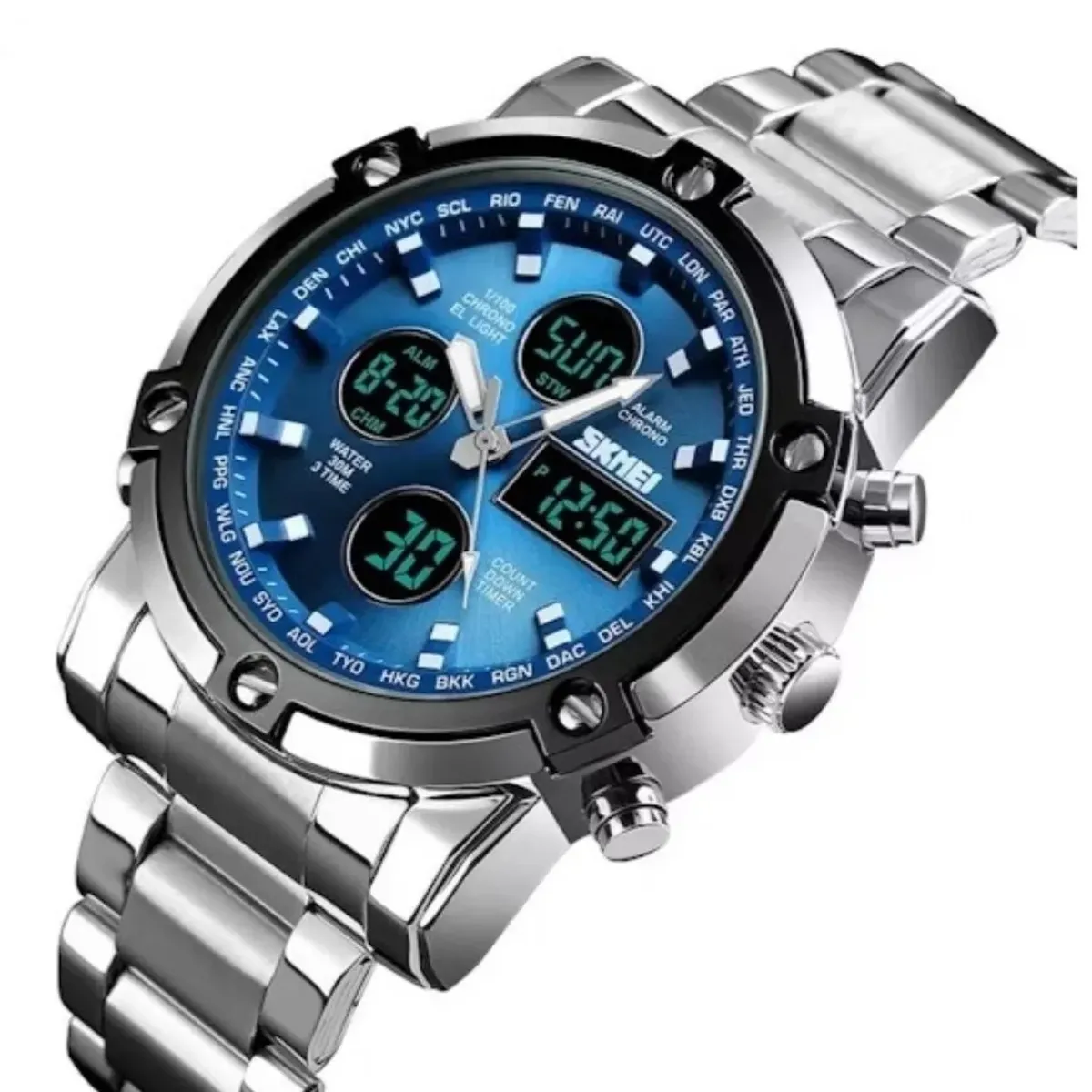 SKMEI - Reloj Skmei 1389 Plateado fondo azul Correa acero inoxidable