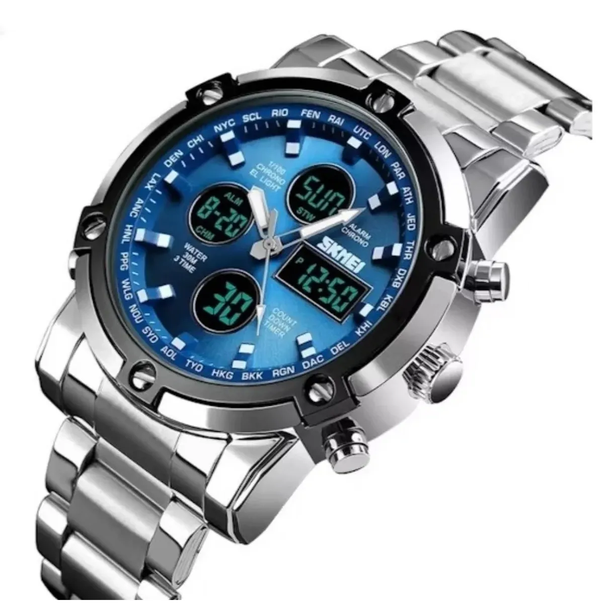 SKMEI - Reloj Skmei 1389 Plateado fondo azul Correa acero inoxidable