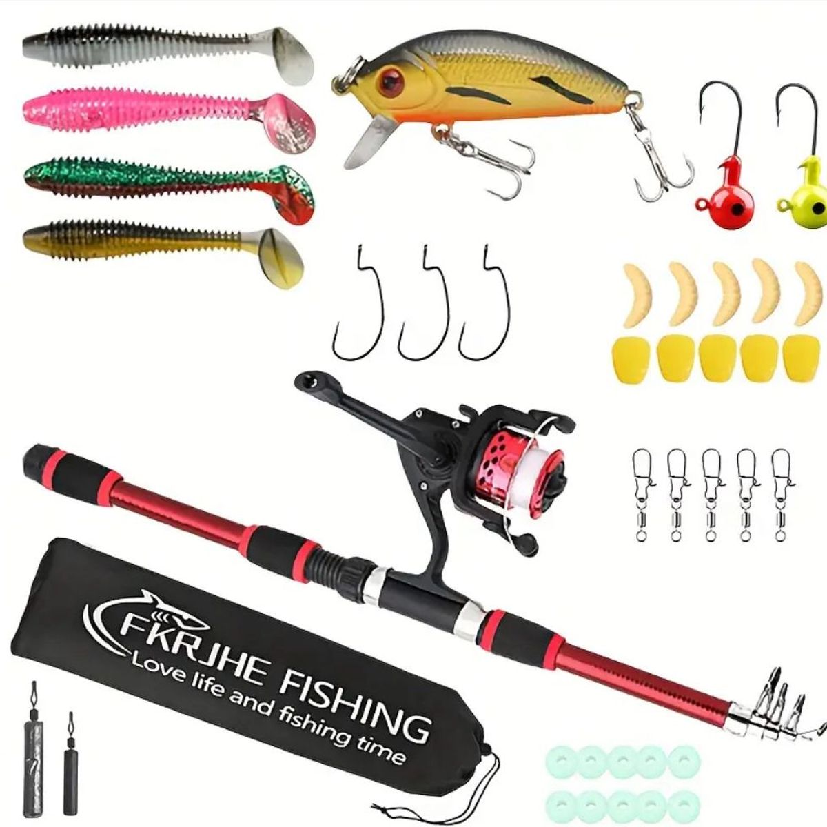 GENERICO - CAÑA DE PESCAR Y SEÑUELOS ROJO Y NEGRO BOLS