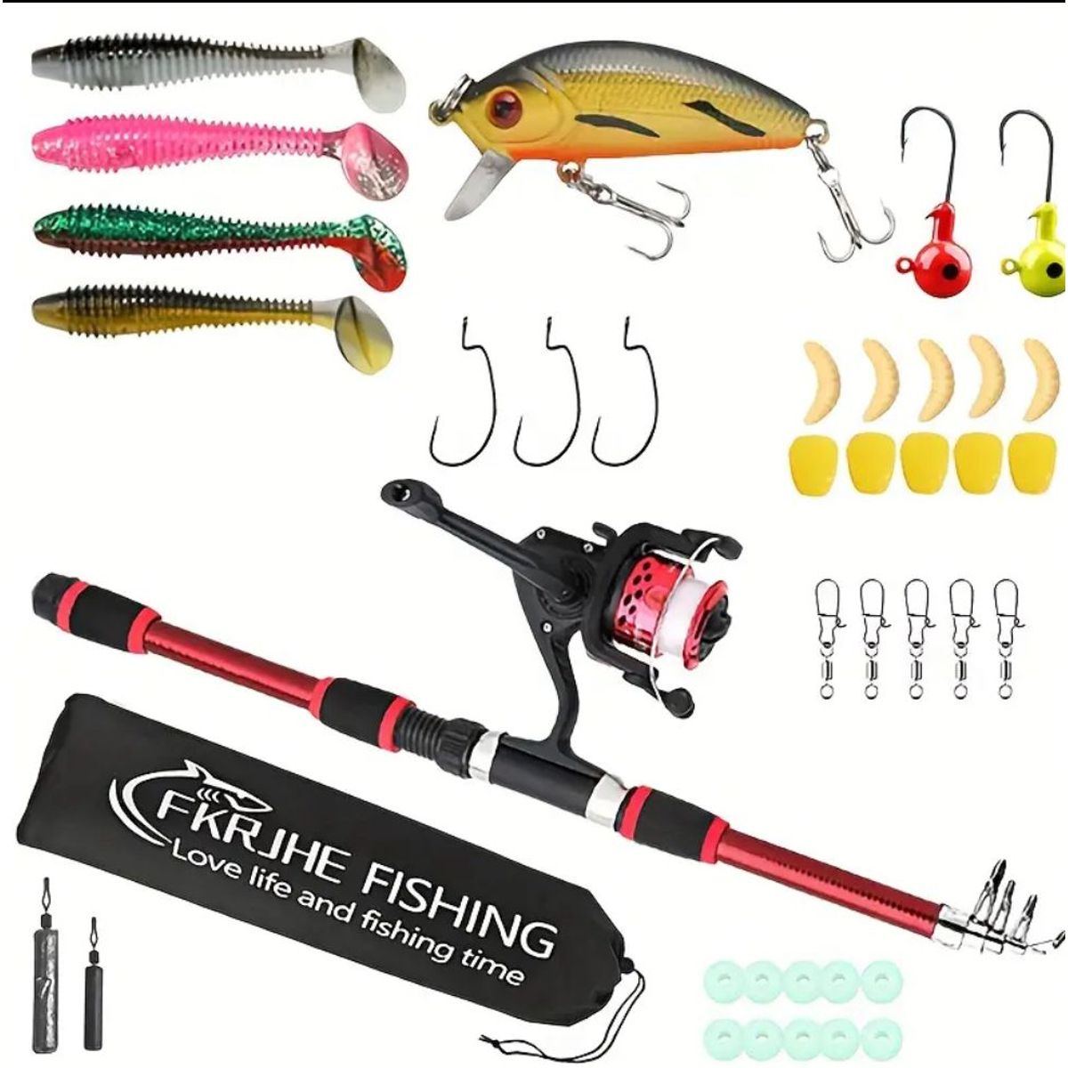 GENERICO - CAÑA DE PESCAR Y SEÑUELOS ROJO Y NEGRO BOLS