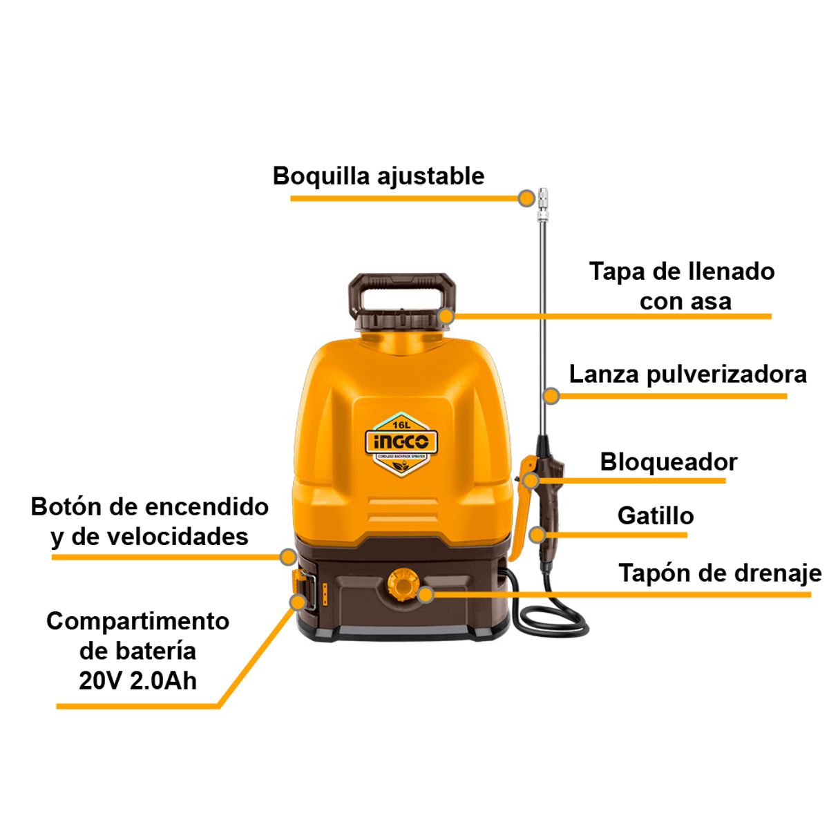 INGCO TOOLS - MOCHILA PULVERIZADORA FUMIGADORA INGCO 20V 16L + 1 BATERÍA 2.0AH + CARGADOR CSPLI20162