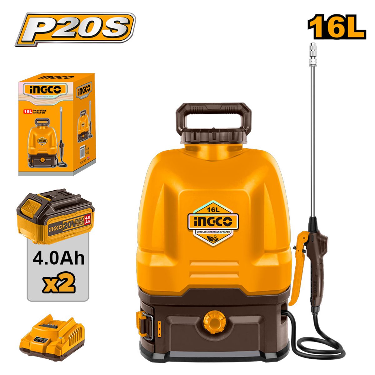 INGCO TOOLS - MOCHILA PULVERIZADORA FUMIGADORA INGCO 20V 16L + 2 BATERÍAS 4.0AH + CARGADOR CSPLI201644