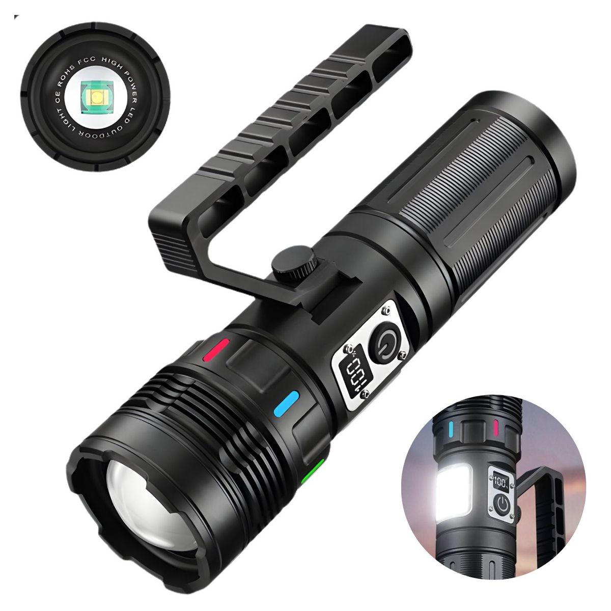 LIDIMI - Linterna LED Táctica 50W 2000m con Zoom Telescópico COB Lateral y Batería 10000mAh