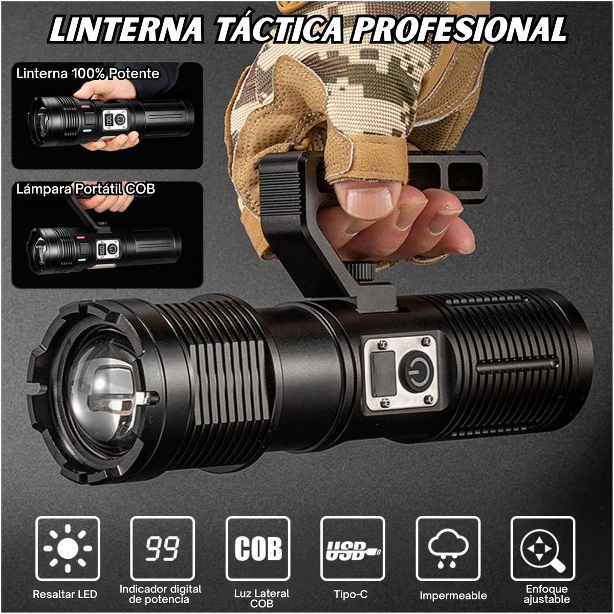 LIDIMI - Linterna LED Táctica 50W 2000m con Zoom Telescópico COB Lateral y Batería 10000mAh