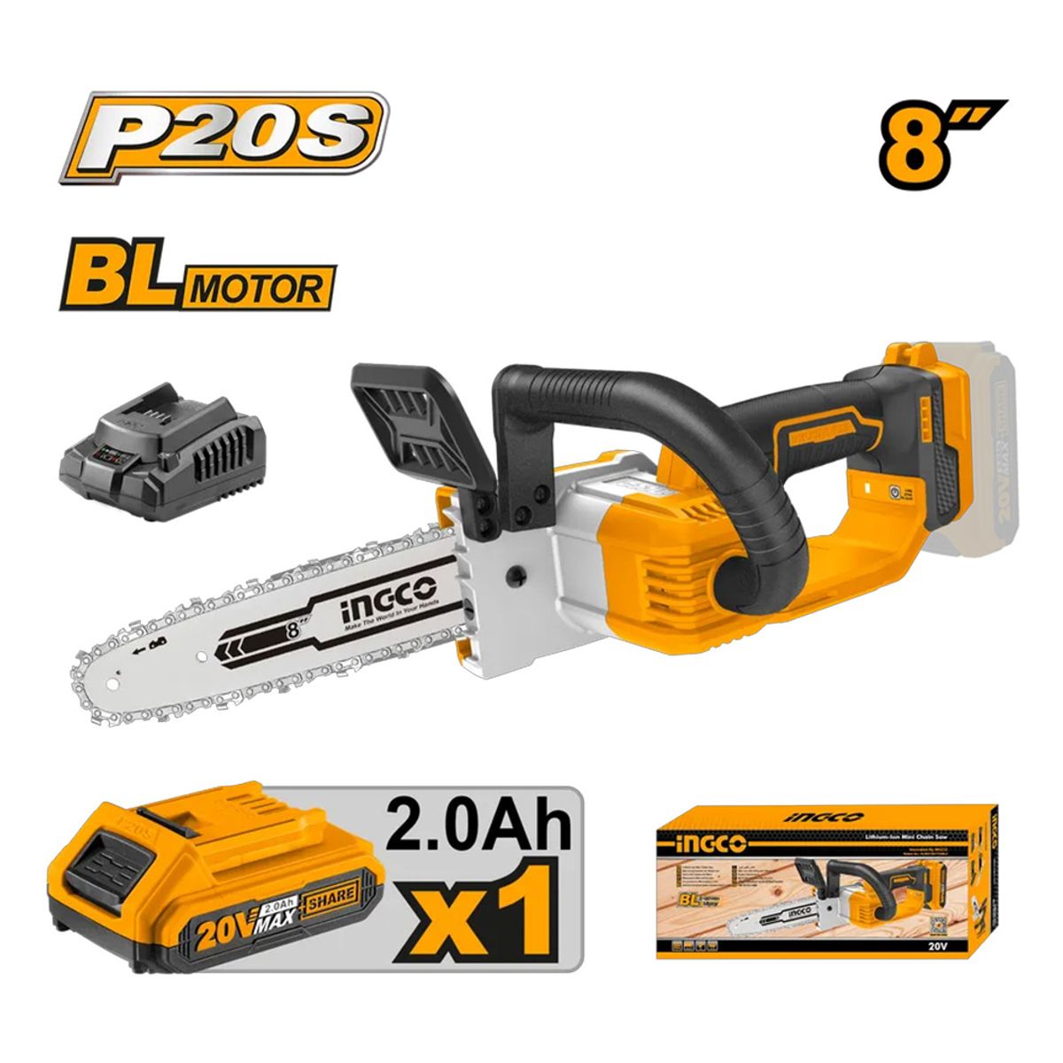 INGCO TOOLS - MOTOSIERRA INGCO 20V 8” 20 CM + 1 BATERÍA 2.0AH + CARGADOR CGSLI20851