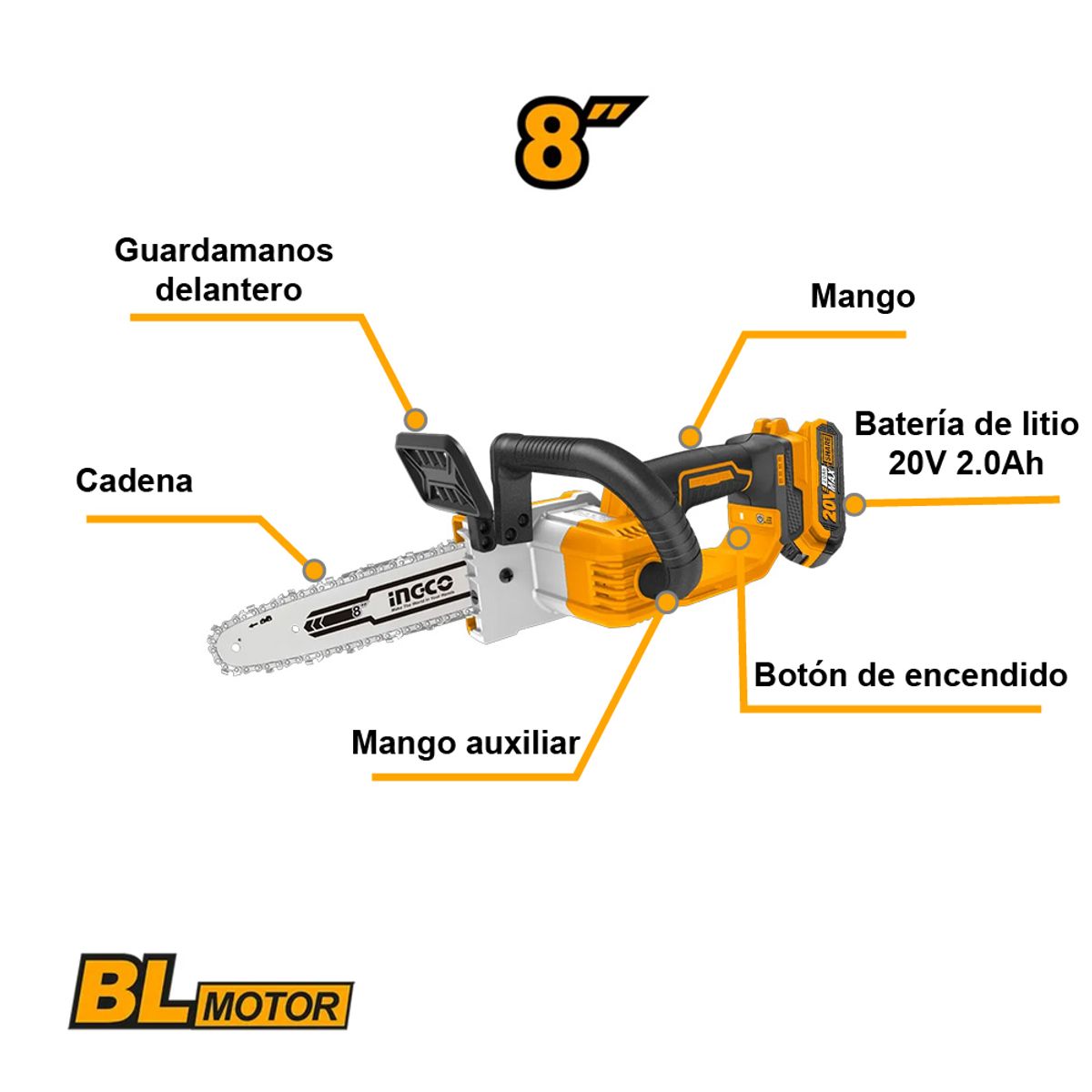 INGCO TOOLS - MOTOSIERRA INGCO 20V 8” 20 CM + 1 BATERÍA 2.0AH + CARGADOR CGSLI20851