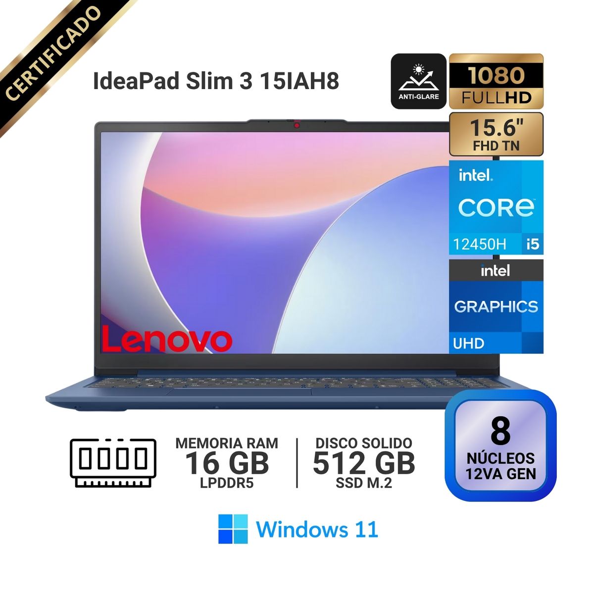 LENOVO - Laptop Lenovo IdeaPad Slim 3 15IAH8, 15.6" FHD TN, Core i5 12450H, RAM 16GB, SSD 512GB, Win 11 Pro