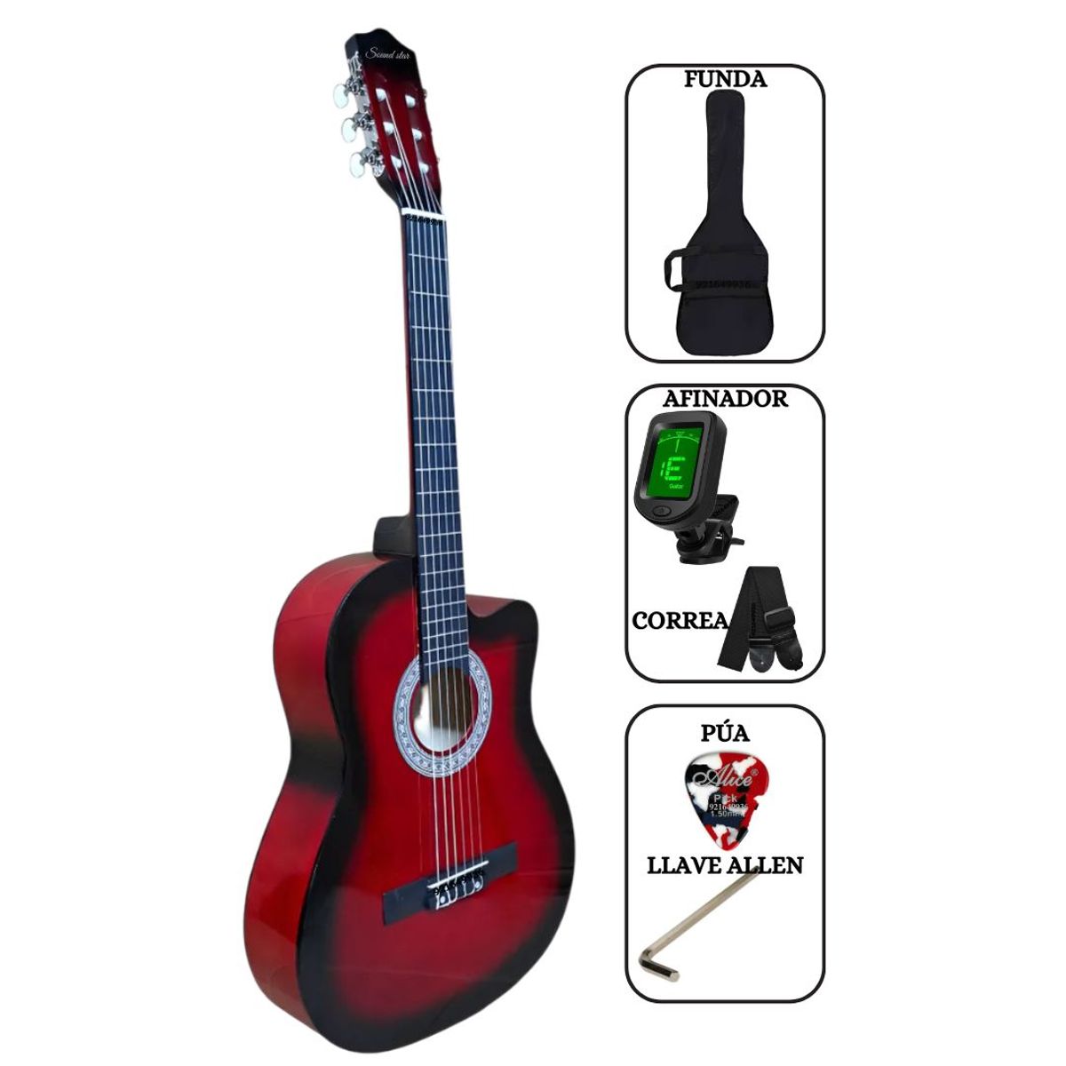 SOUND STAR - Guitarra Acústica Rojo 39″ nylon con funda Afinador Correa pua