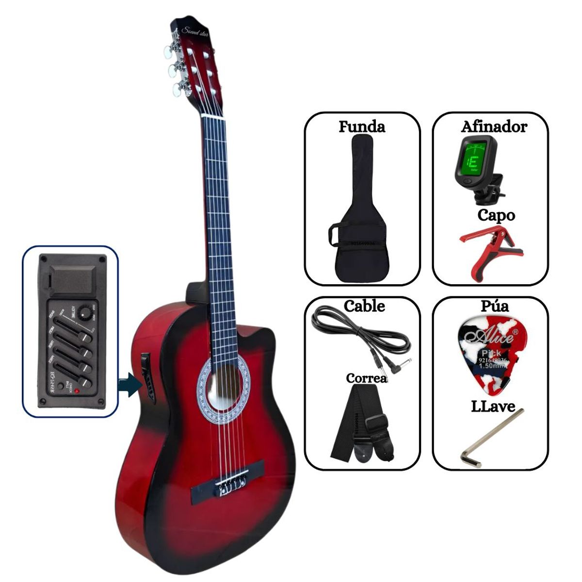 SOUND STAR - Guitarra ELECTROACÚSTICA Rojo 39″ nylon con accesorios