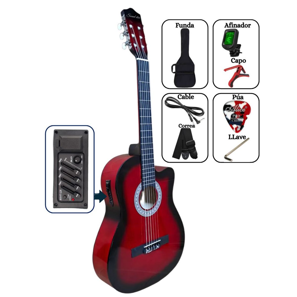 SOUND STAR - Guitarra ELECTROACÚSTICA Rojo 39″ nylon con accesorios