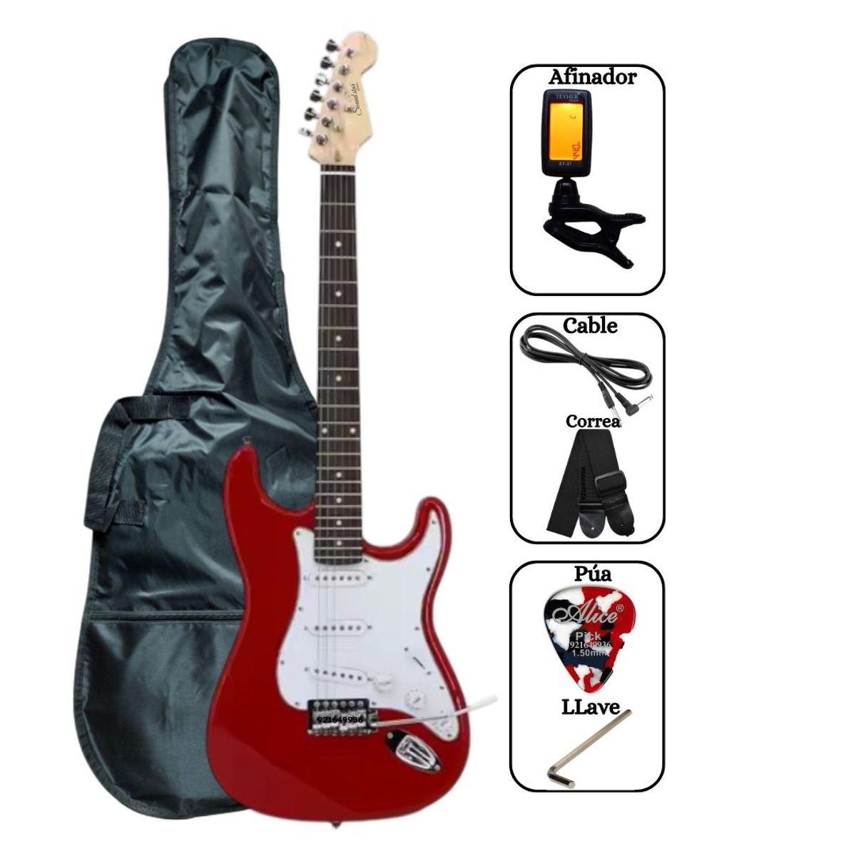 SOUND STAR - Guitarra Eléctrica Rojo con Funda Afinador Correa Cable y Accesorios