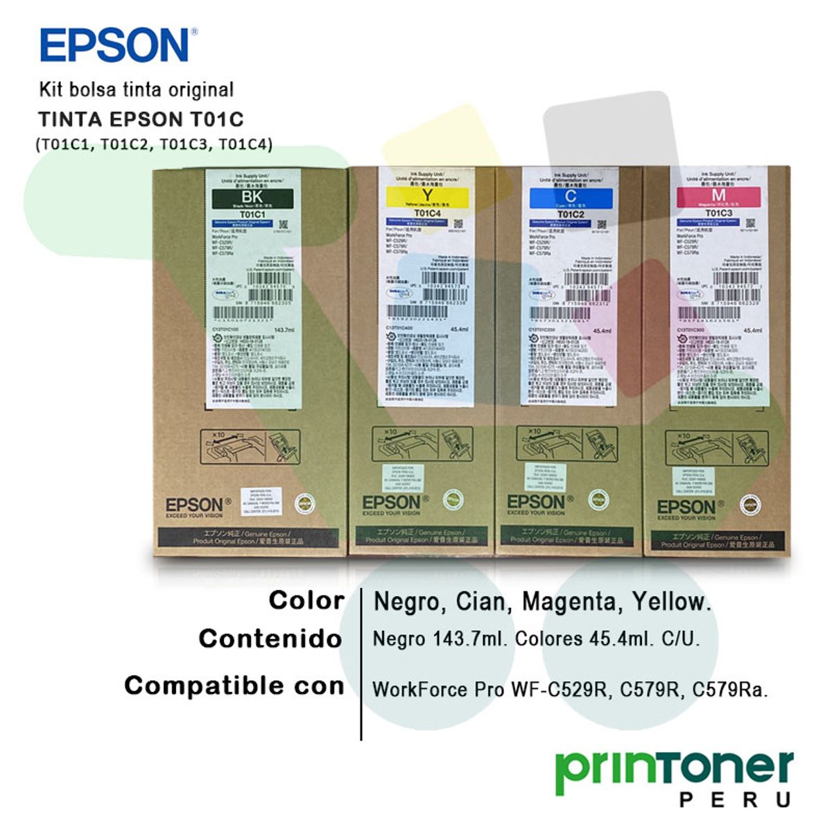 EPSON - Tinta Epson T01C kit Completo de 4 Colores BK C M Y WF-C529R, C579R, C579Ra