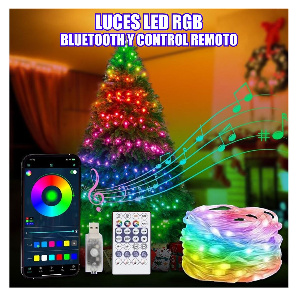 GENERICO - CINTA DE LUCES RGB CON BLUETOOTH Y CONTROL REMOTO - 10 metros