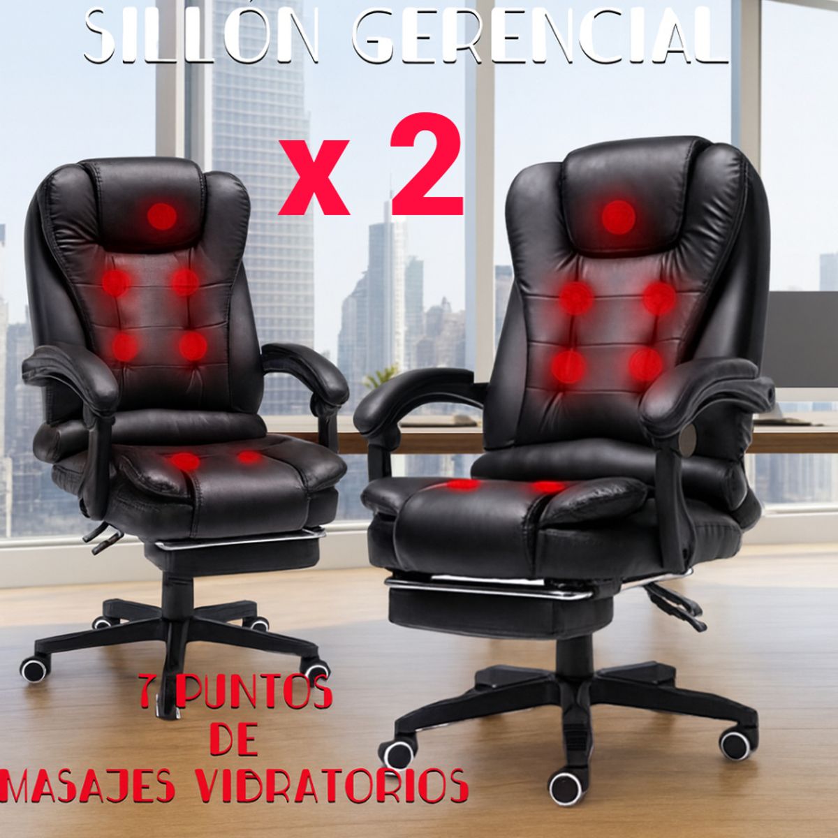 GENERICO - 2 SILLA DE ESCRITORIO 7 MASAJES GIRATORIO SILLÓN OFICINA  GERENCIAL ERGONÓMICA RECLINABLE NEGRO