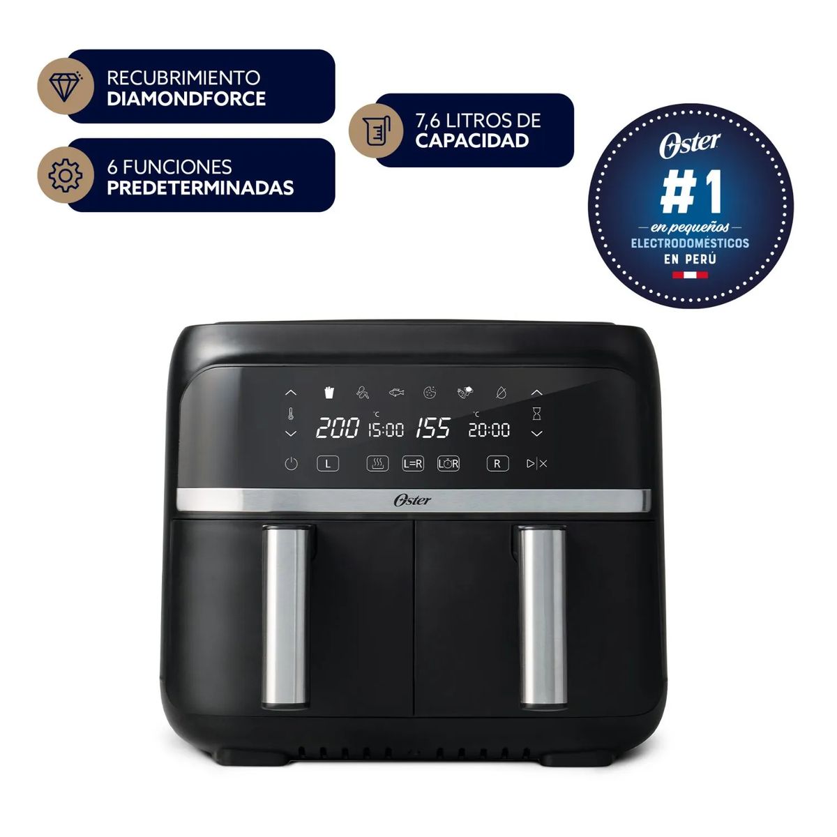 OSTER - Freidora de Aire Dual Oster 7.6 L Digital con recubrimiento DiamondForce CKSTAF7