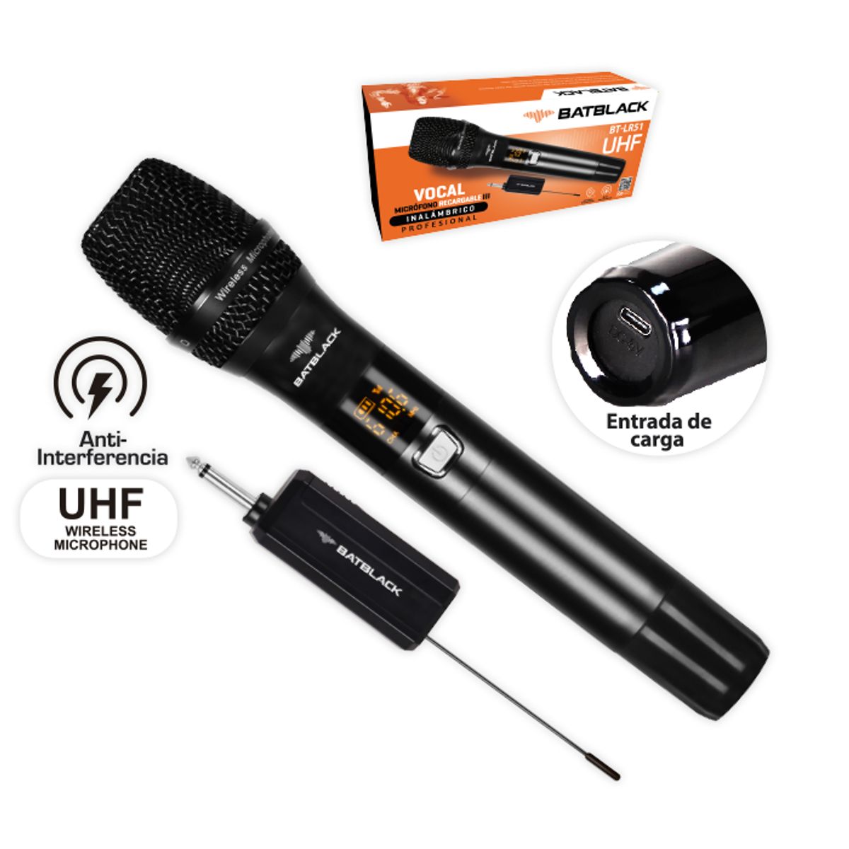 BATBLACK - MICROFONO INALAMBRICO RECARGABLE UHF BATBLACK BT-LR51