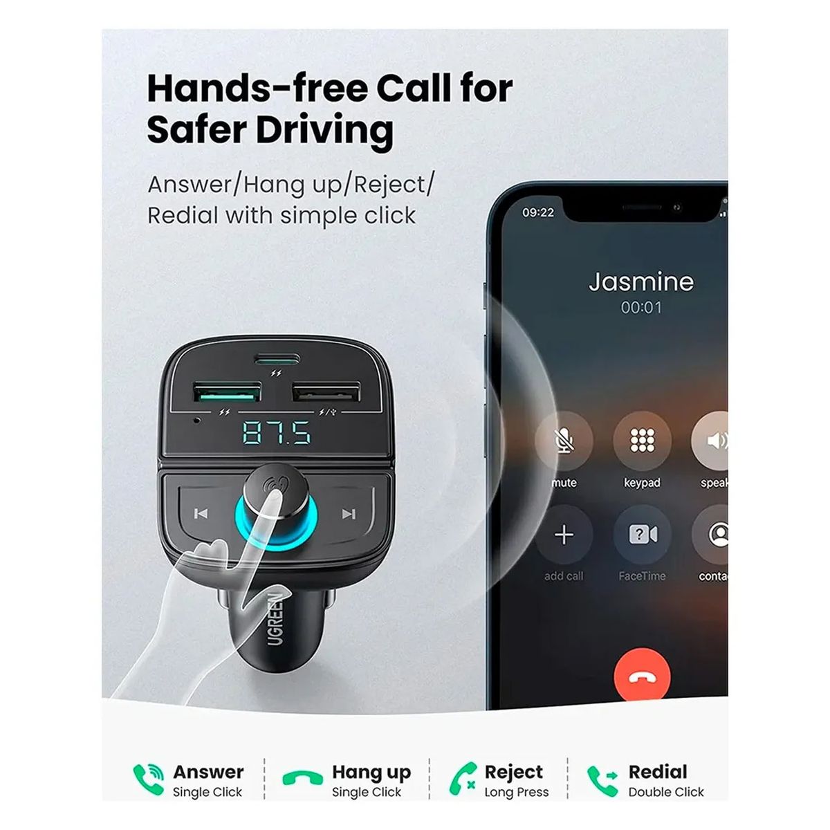 UGREEN - Adaptador Bluetooth Para Carro Ugreen Transmisor Fm Bluetooth 80910