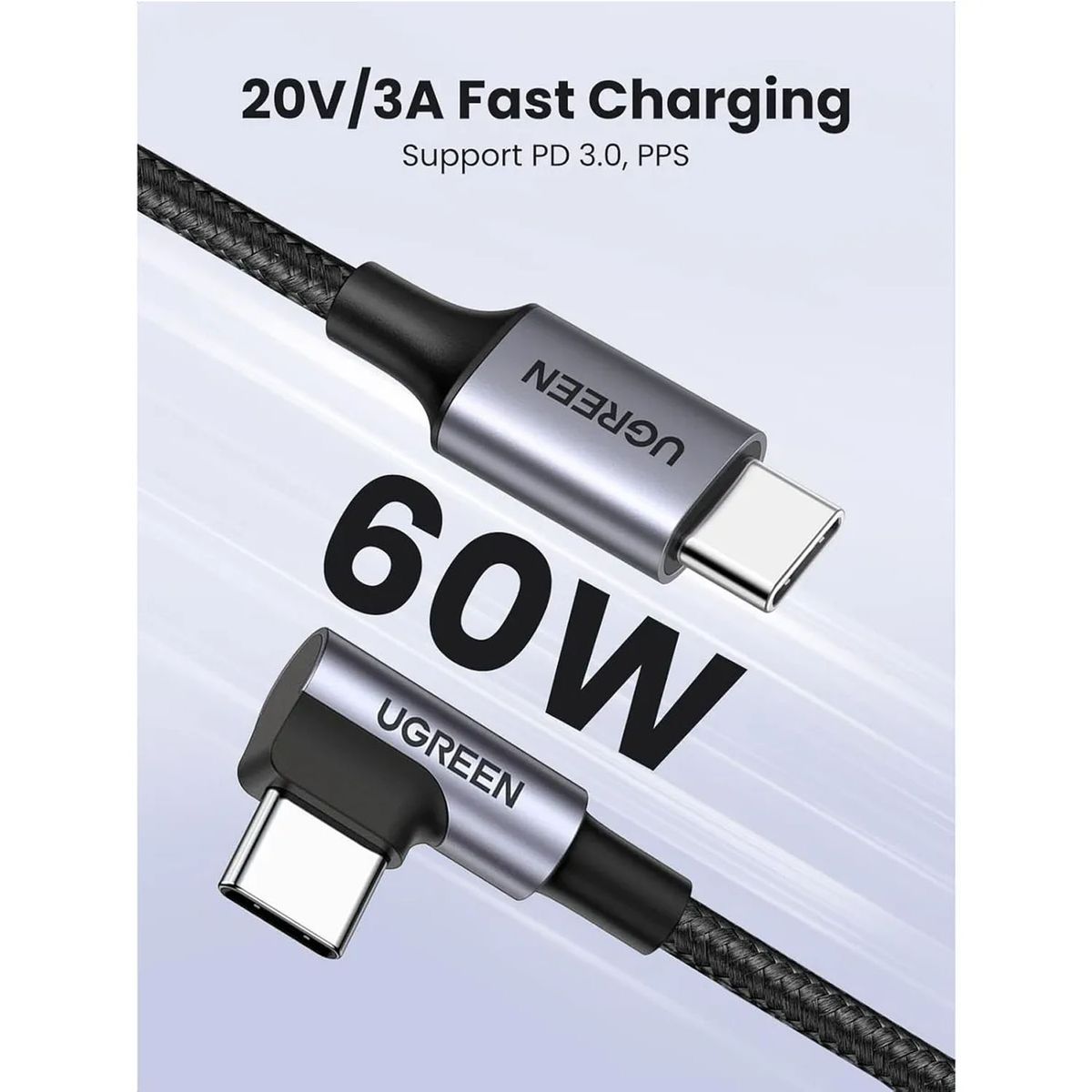 UGREEN - Cable De Carga Rápida 2m Ángulo Recto Ugreen Us255 - 50125 Negro