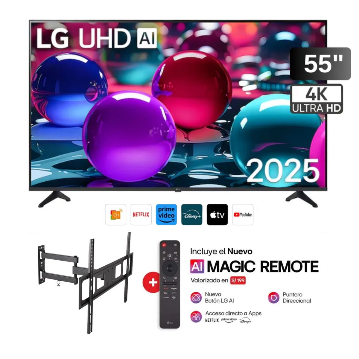 LG - Televisor LG 55" Smart UHD 4K Thinq Ai 55UA7300PSB + Rack Giratorio - Nuevo 2025