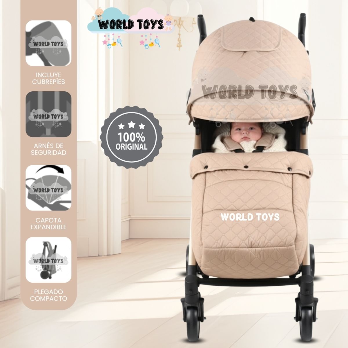 Baby - Coche Bastón de Lujo «SINNIA II» con Manillar Giratorio Beige