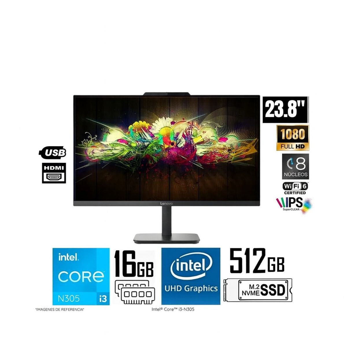 LENOVO - PC AIO LENOVO 240 V100 238 IPS FHD I3 N305 16GB 512GB SSD ULTRA VELOZ