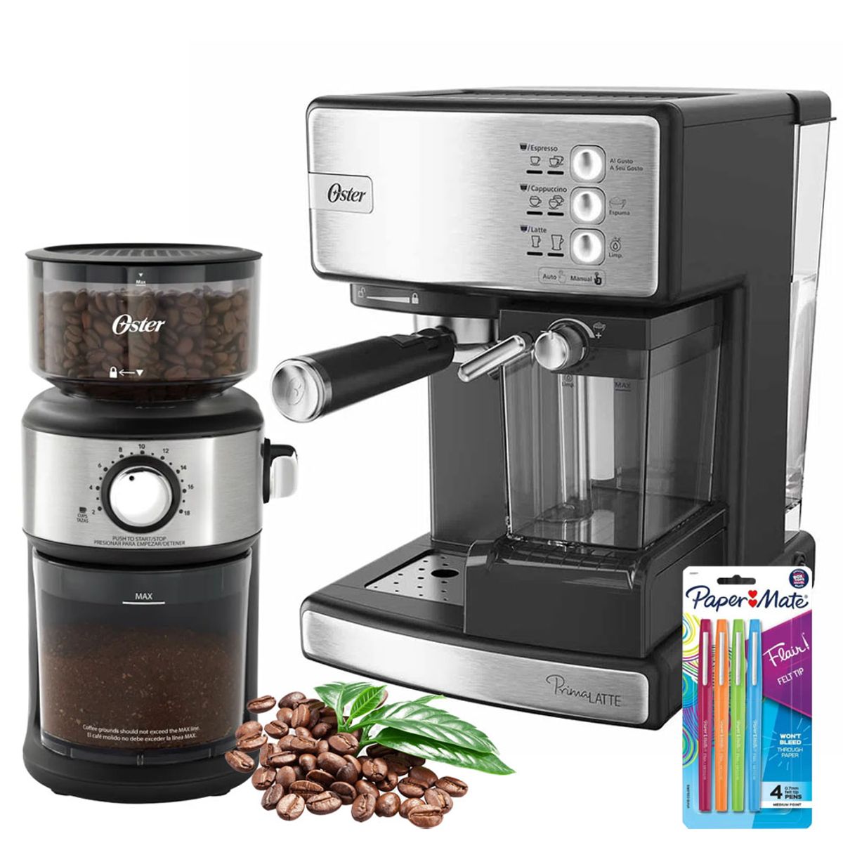 OSTER - Kit Cafetera Espresso PrimaLate 15 bares Oster mas Molinillo de cafe