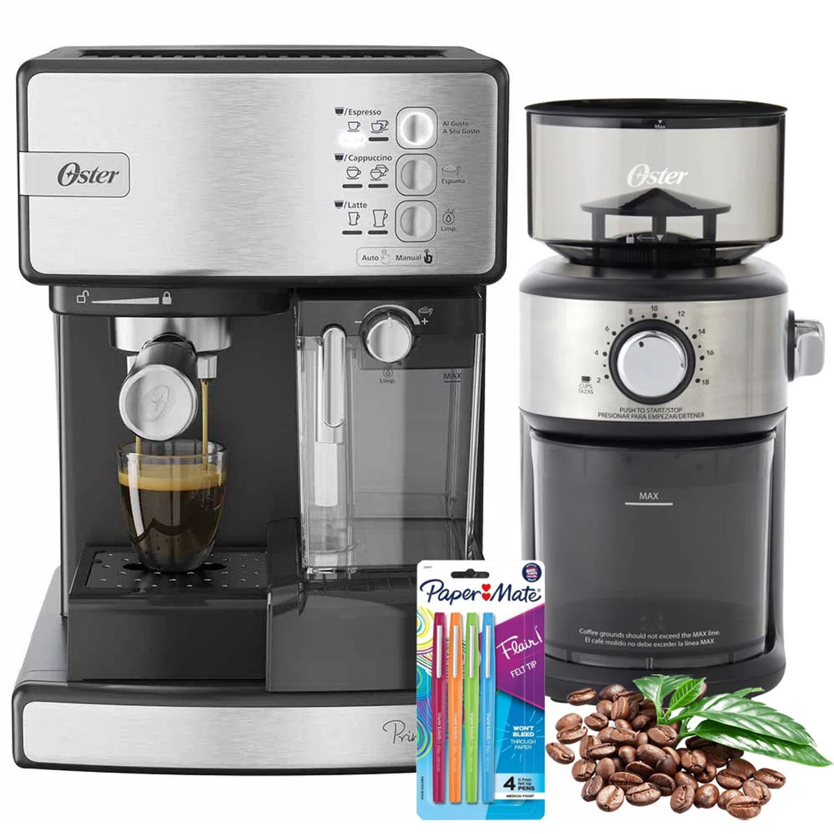 OSTER - Kit Cafetera Espresso PrimaLate 15 bares Oster mas Molinillo de cafe