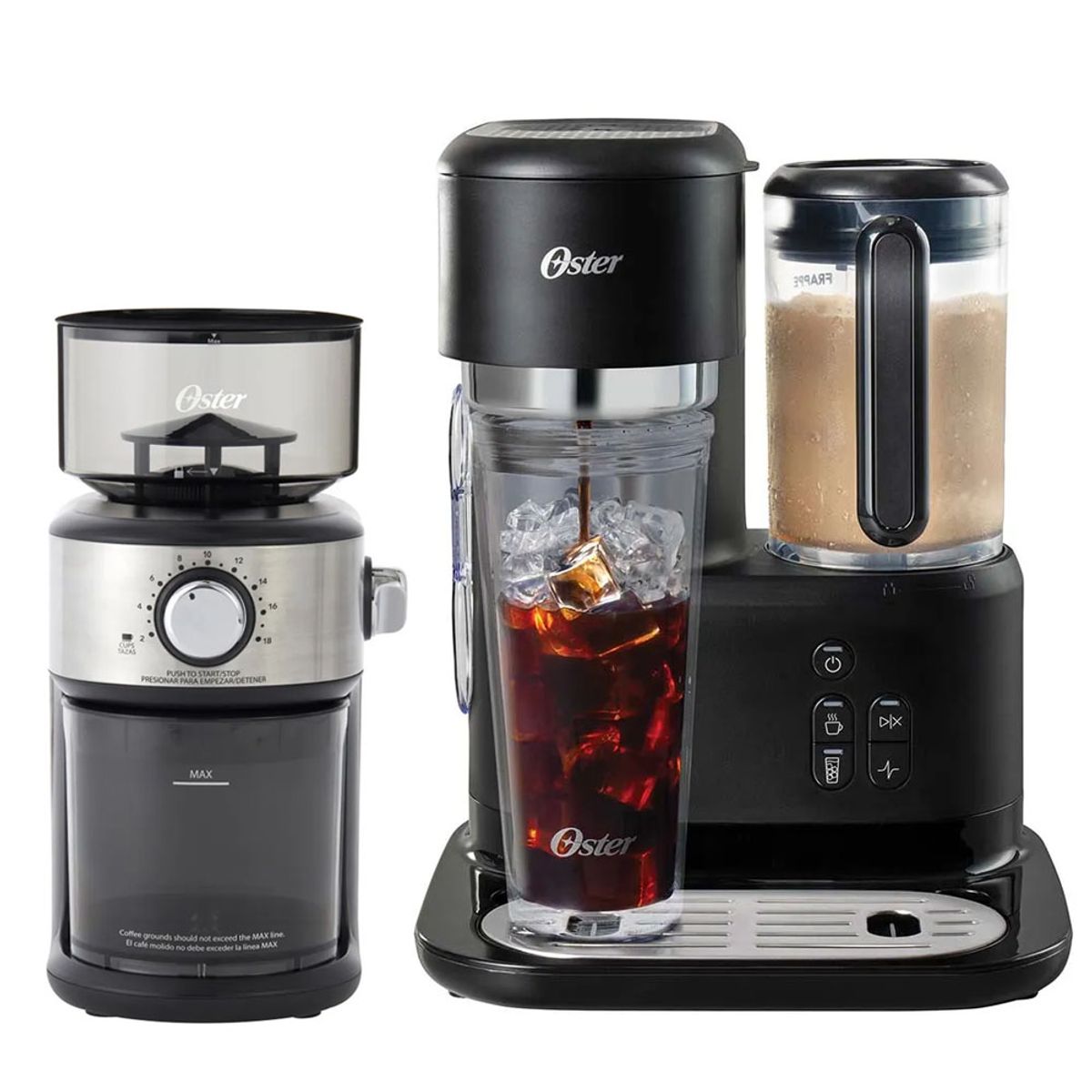OSTER - Cafetera frappe Oster con Licuadora BVSTDC03B 3 en 1 + Molinillo de Cafe BVSTBMH24