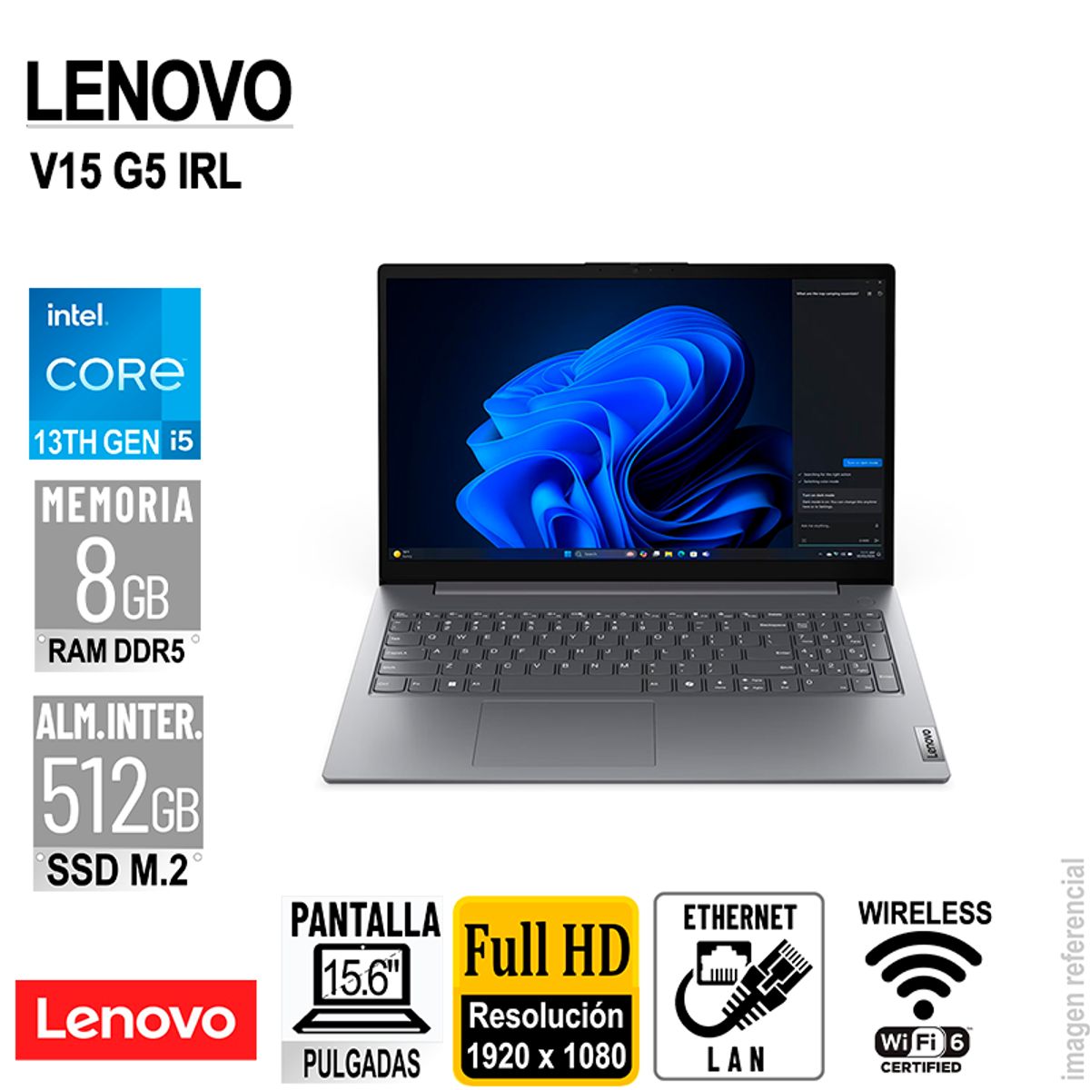 LENOVO - LAPTOP LENOVO V15 G5 IRL 156 FHD TN CORE I5-13420H 2146GHZ 8GB DDR5 SIN SISTEMA OPERATIVO