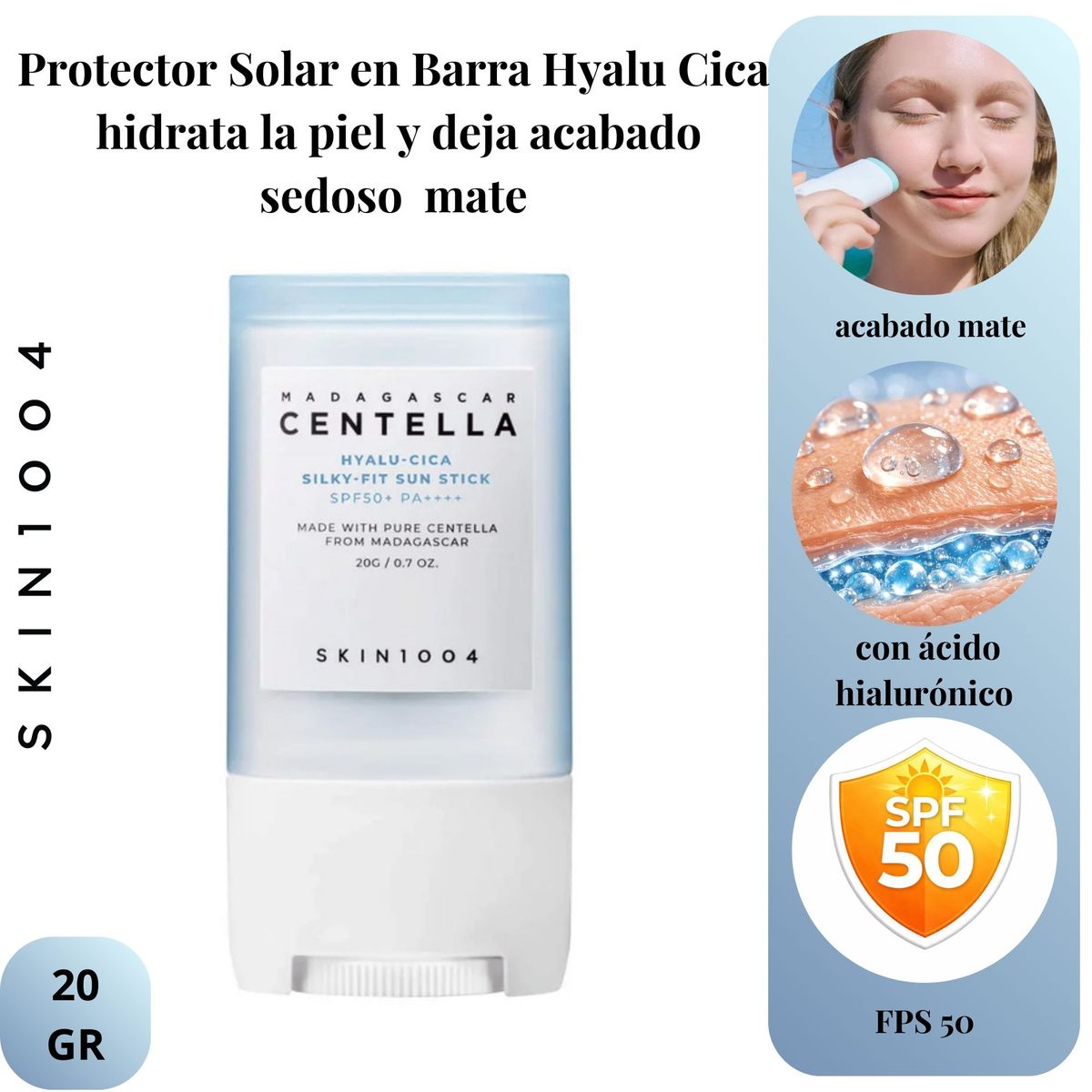 SKIN1004 - Protector Solar en Barra ofrece hidratacion con acabado mate Hyalu-Cica Silky Fit Sun Stick 20gr