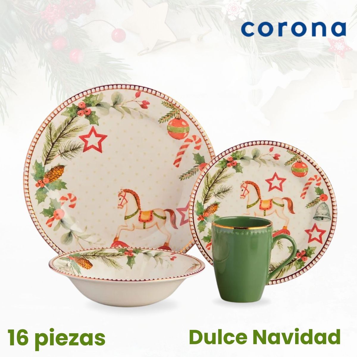 CORONA - Juego de Vajilla Corona Dulce Navidad x16 piezas