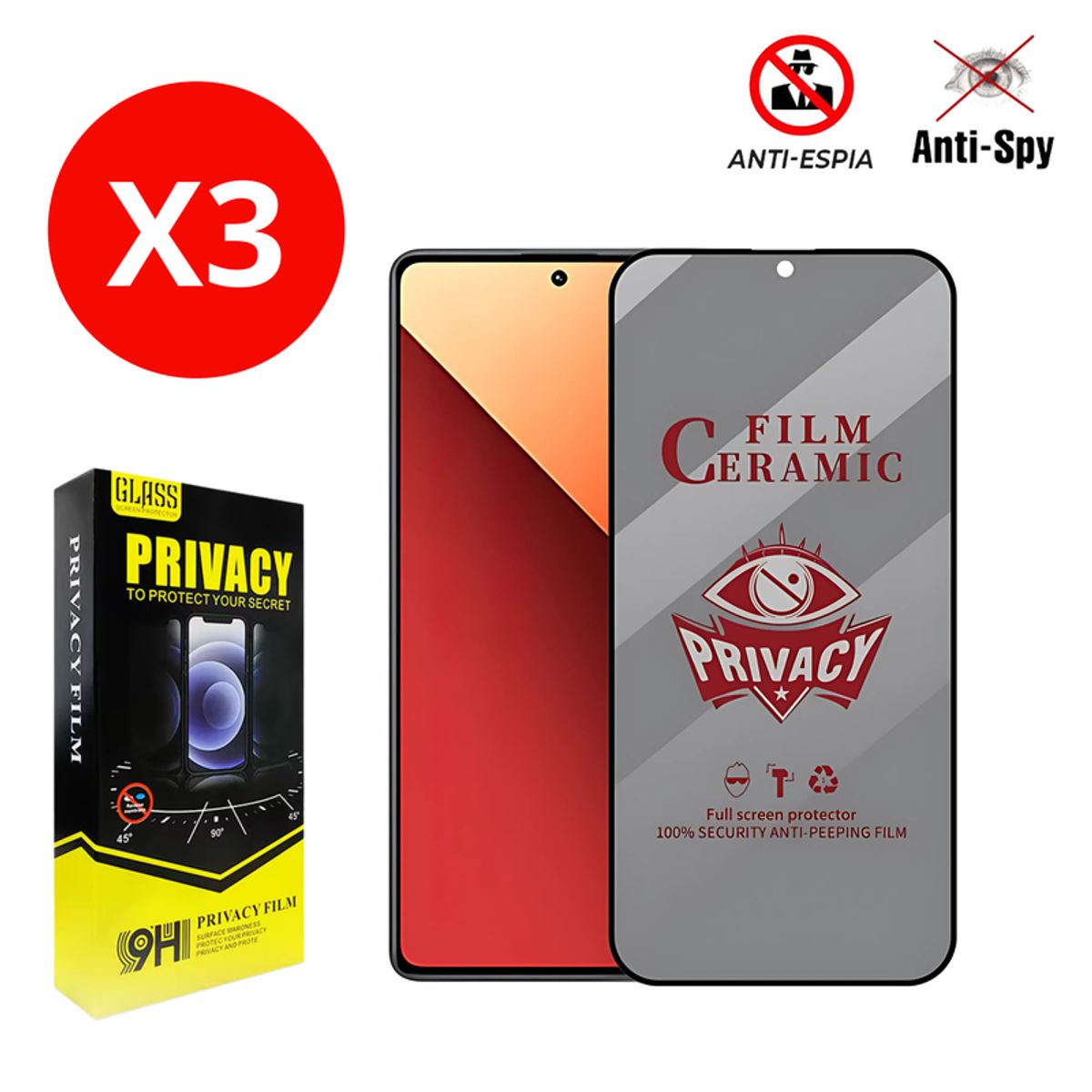 SHIELD - Pack x3 Mica Protector de Pantalla de Cerámica Antiespía para Samsung Galaxy S23