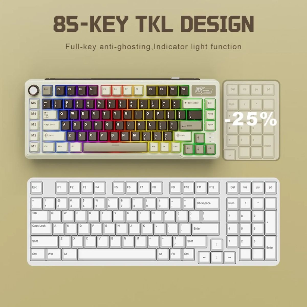 ROYAL KLUDGE - Teclado Mecánico Inalámbrico Español Royal Kludge RK-L75 Gris Moca