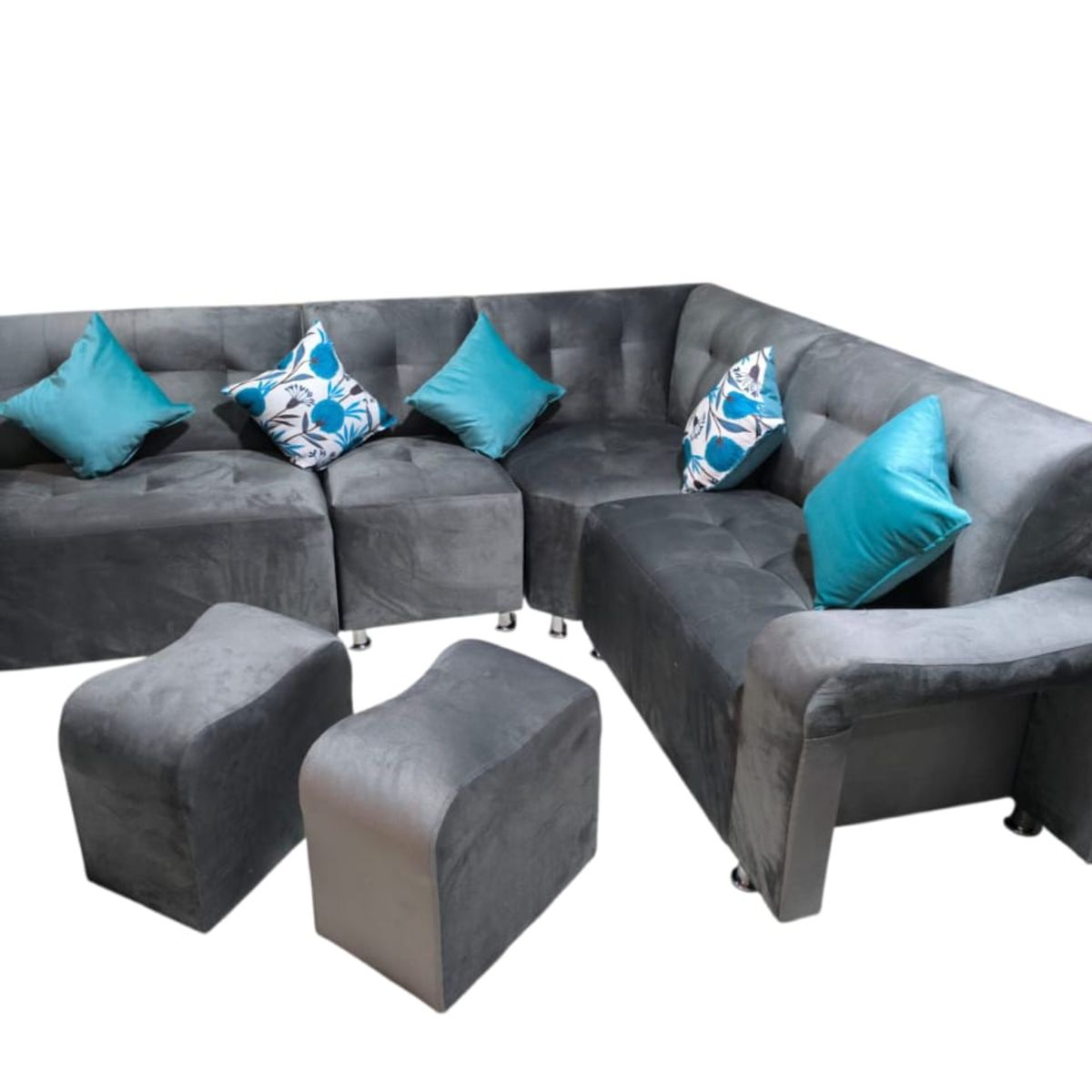 GENERICO - Seccional BURBUJA 4 CUERPOS 2 PUFF gris oscuro + 3 cojines de regalo