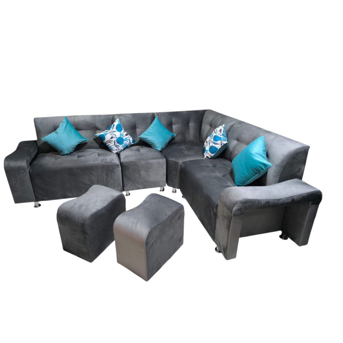 GENERICO - Seccional BURBUJA 4 CUERPOS 2 PUFF gris oscuro + 3 cojines de regalo