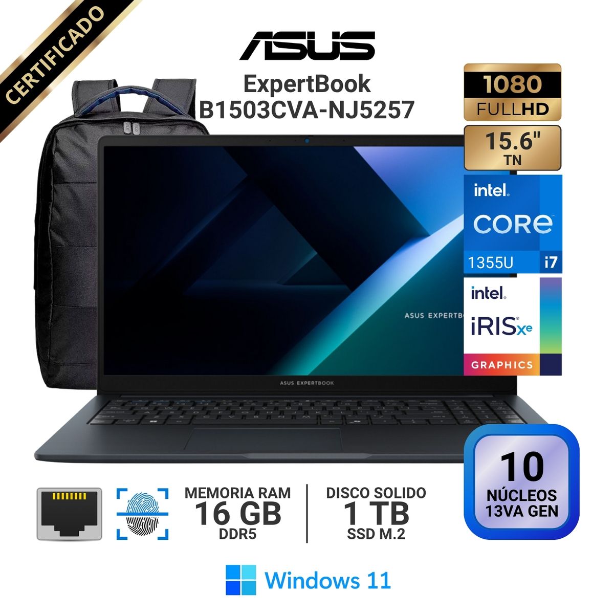 ASUS - Laptop Asus ExpertBook B1503CVA-NJ5257, 15.6" FHD TN, Core i7 1355U, RAM 16GB, SSD 1 TB, Win 11 Pro