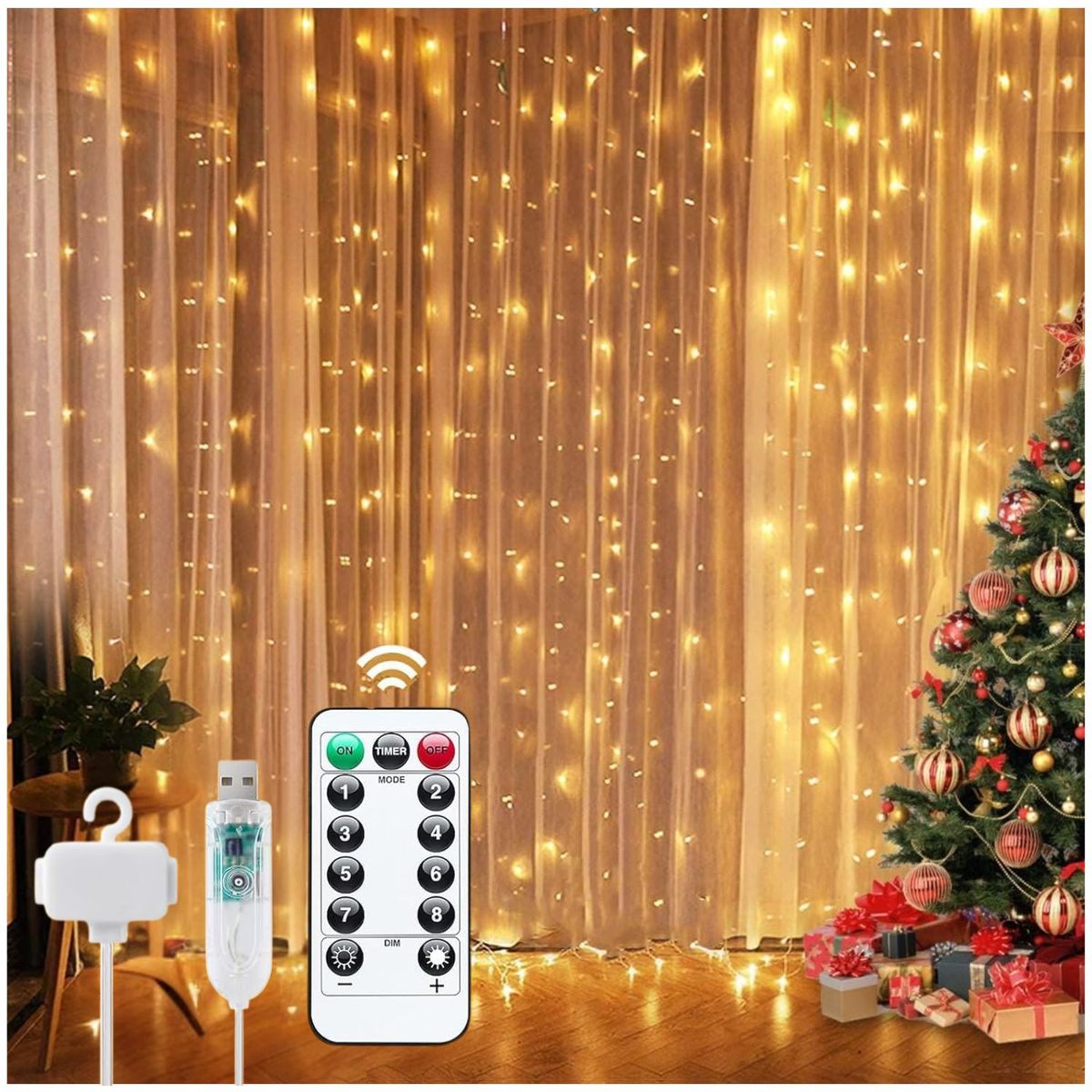 GENERICO - Cortina de Luces LED Tipo Hadas 3x3M con 300 LED, USB, Control Remoto y 8 Modos de Iluminación