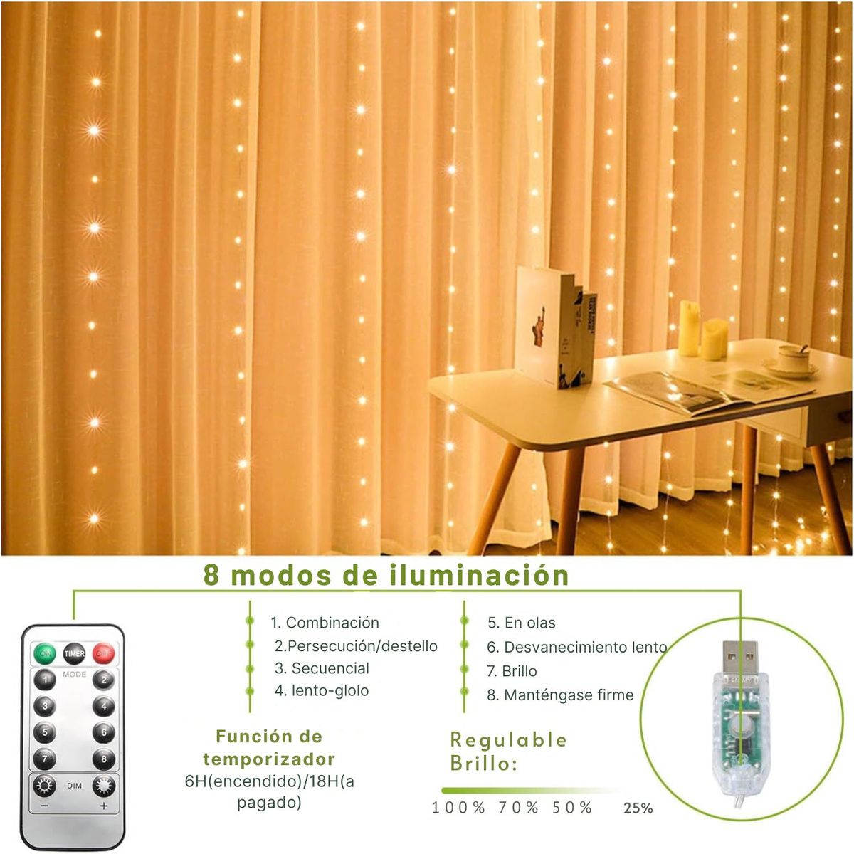 GENERICO - Cortina de Luces LED Tipo Hadas 3x3M con 300 LED, USB, Control Remoto y 8 Modos de Iluminación