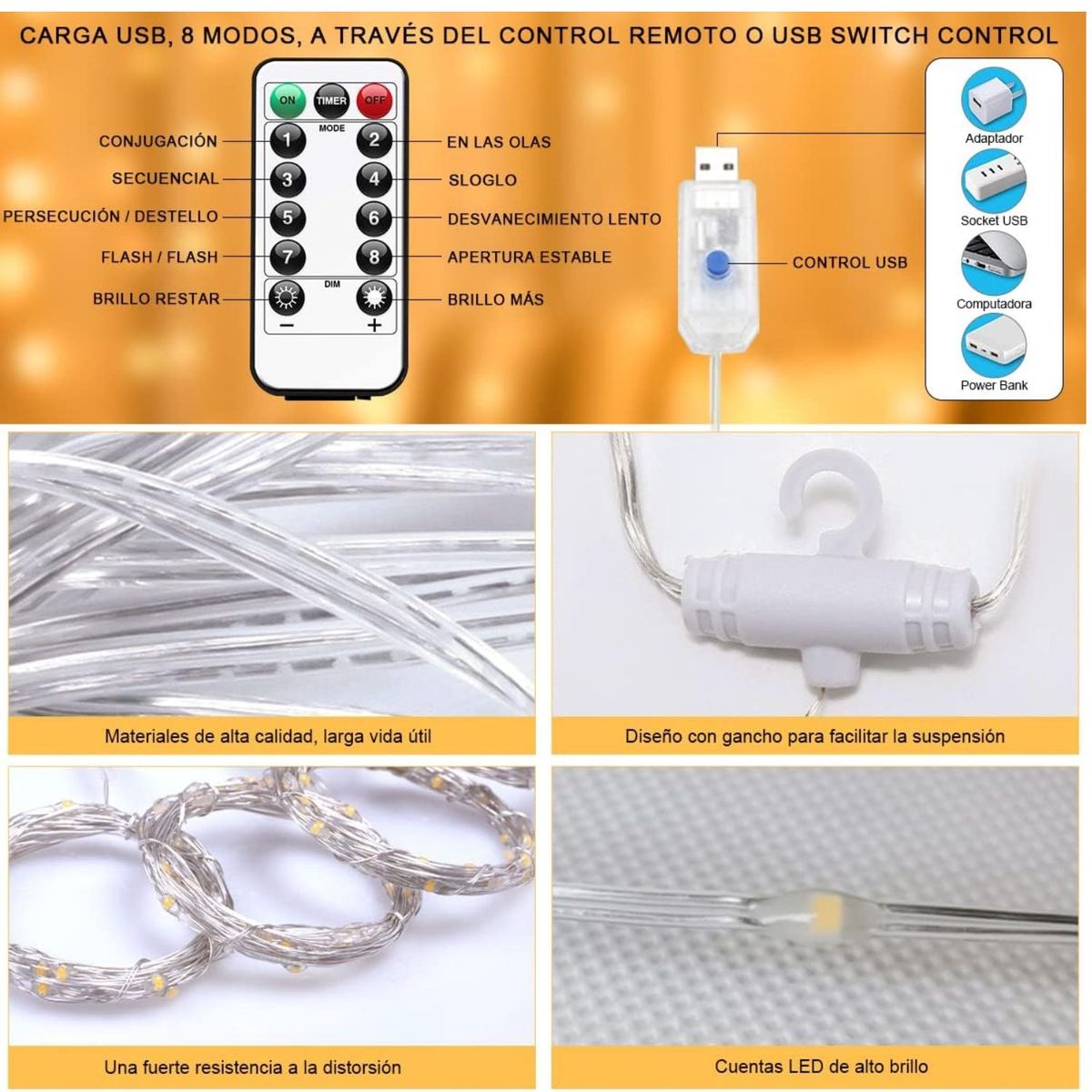 GENERICO - Cortina de Luces Tipo Hadas 3x3M USB con Control y 8 Modos para Cuartos y Navidad