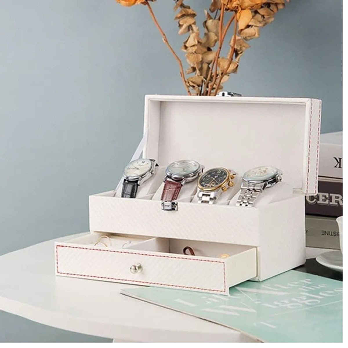 GENERICO - Estuche Organizador De Relojes De Cuero Doble Capa con 4 Compartimentos