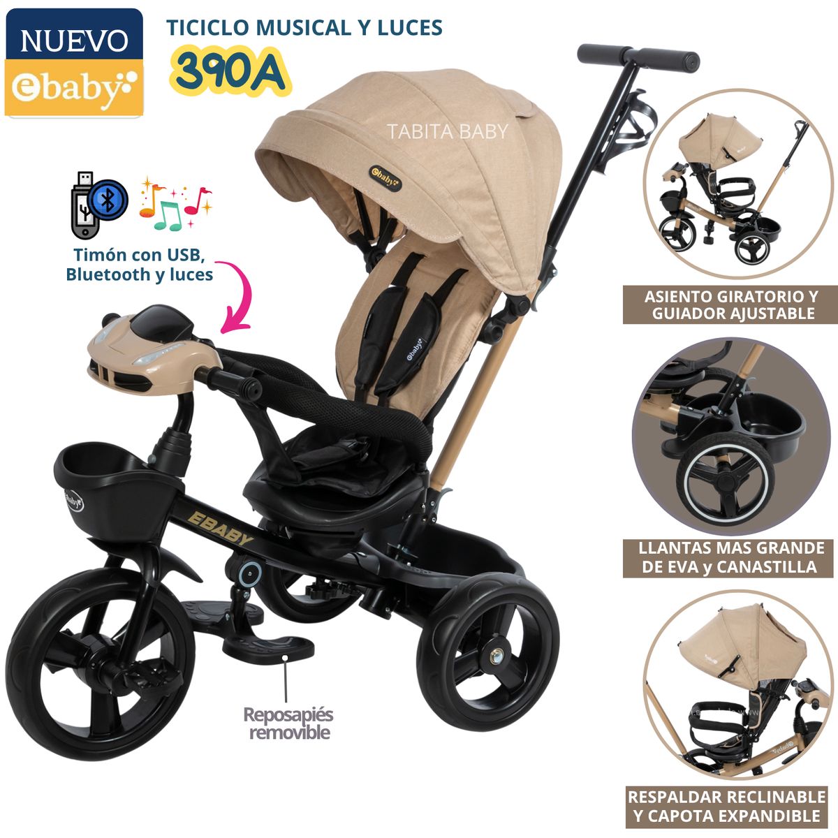 EBABY - Triciclo para niño musical giratorio 390A Beige EBABY
