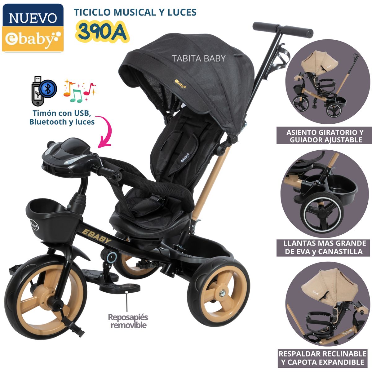 EBABY - Triciclo para niño musical y luces 390A Negro EBABY