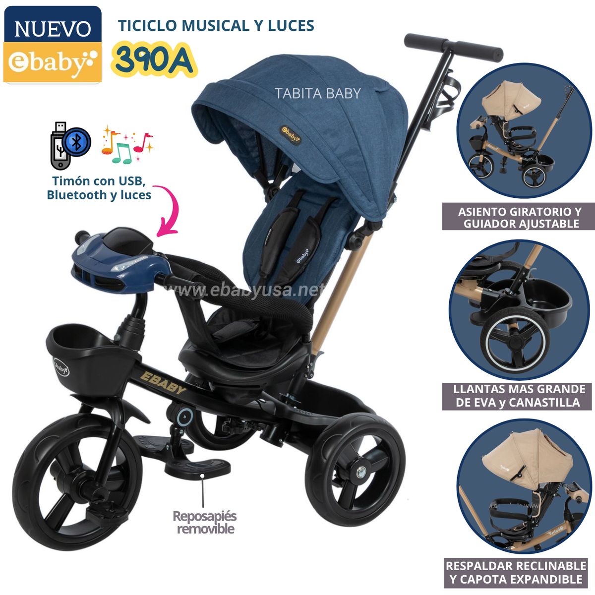 EBABY - Triciclo para niño musical y luces 390A Azul EBABY