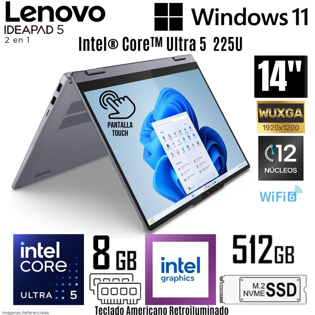 LENOVO - Laptop Lenovo IdeaPad 5 2 en 1 Intel Ultra 5 225U 8GB RAM 512GB SSD 14"  WUXGA Touch