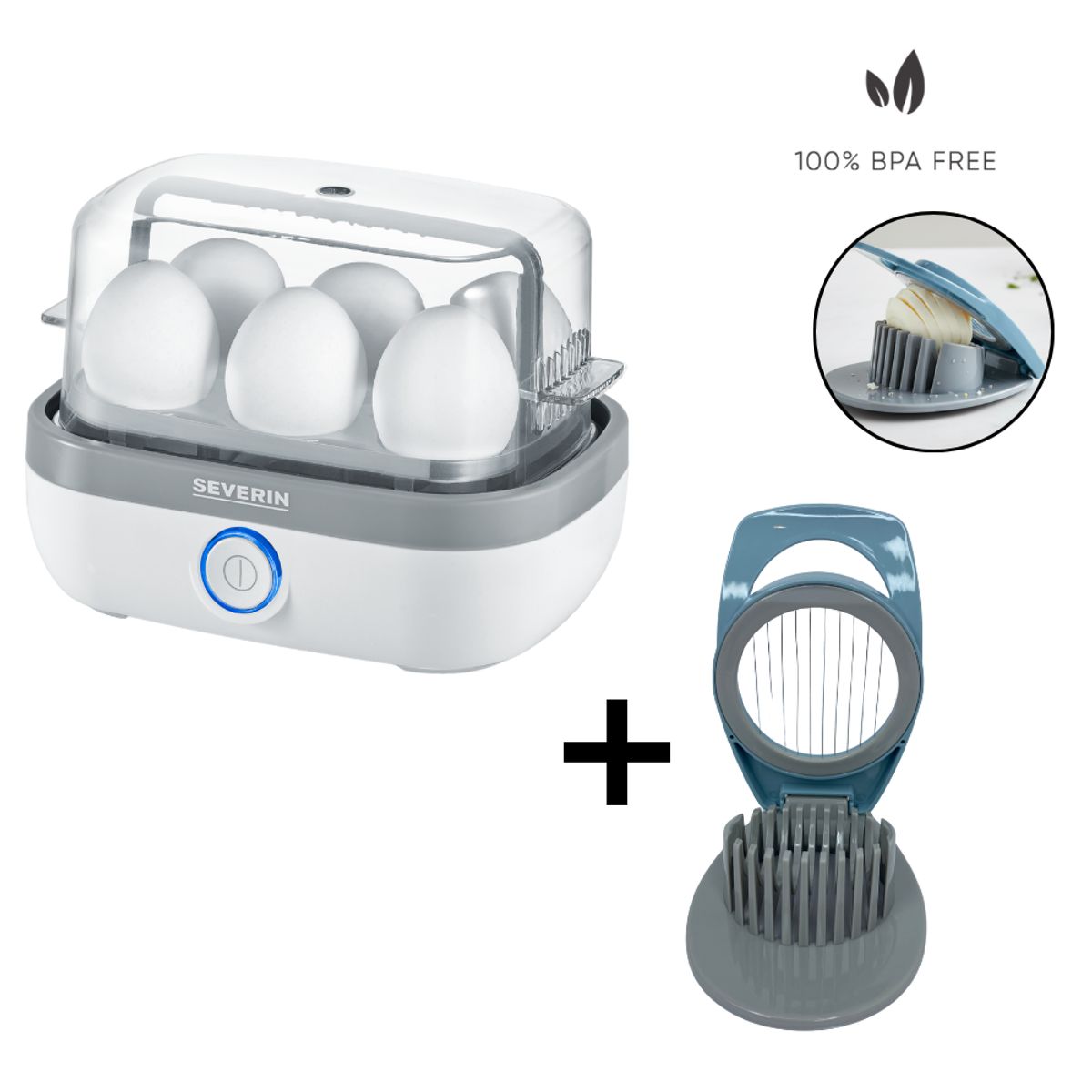 SEVERIN - COMBO Hervidor de huevos blanco + Cortador de huevos multiusos
