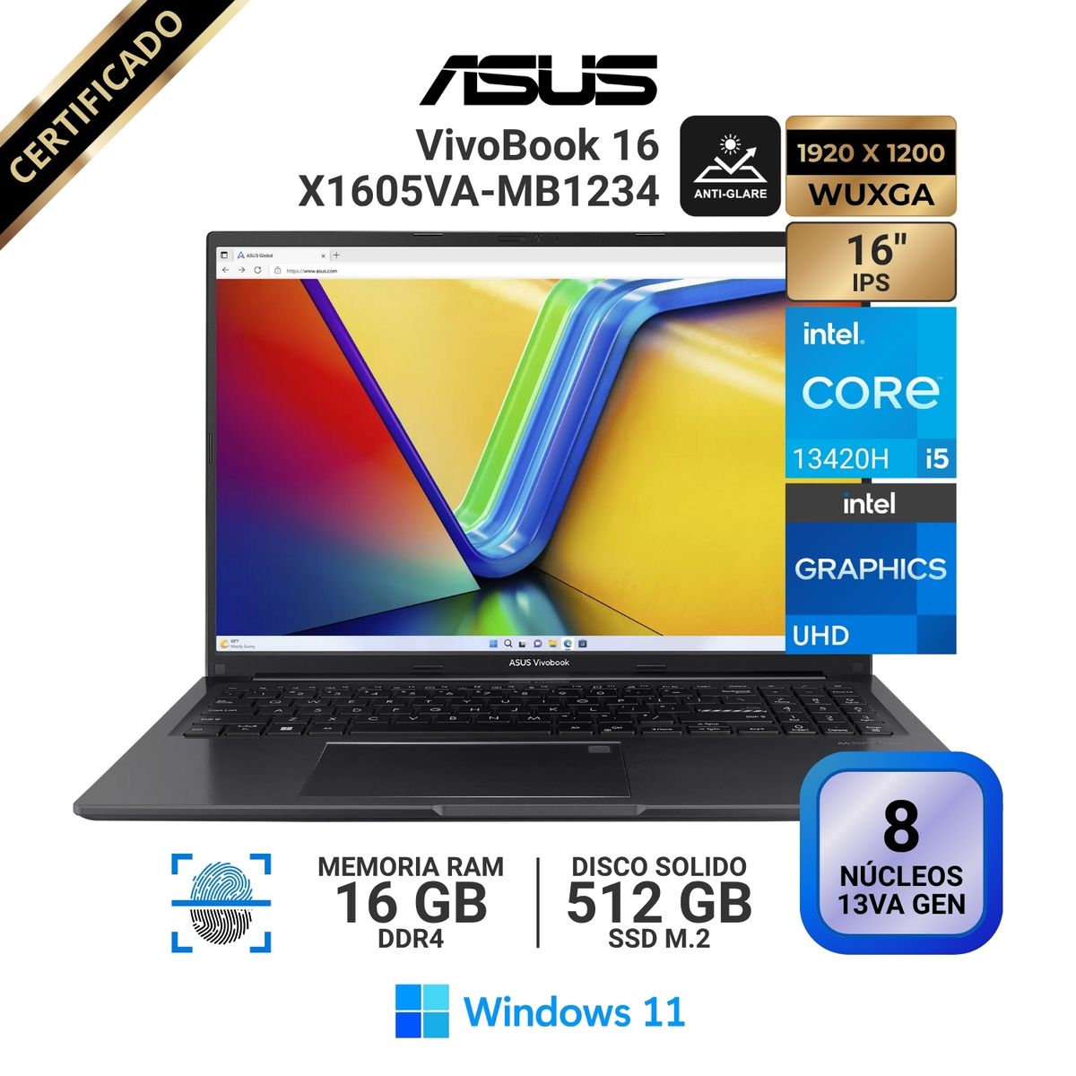 ASUS - Laptop Asus VivoBook X1605VA-MB1234, 16" WUXGA IPS, Core i5 13420H, RAM 16GB, SSD 512GB, Win 11 Pro