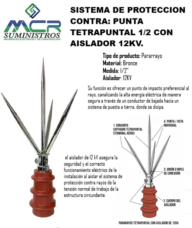 PARARRAYO TETRAPUNTAL DE 12 CON AISLADOR 12KV O SISTEMA DE PROTECCION ...
