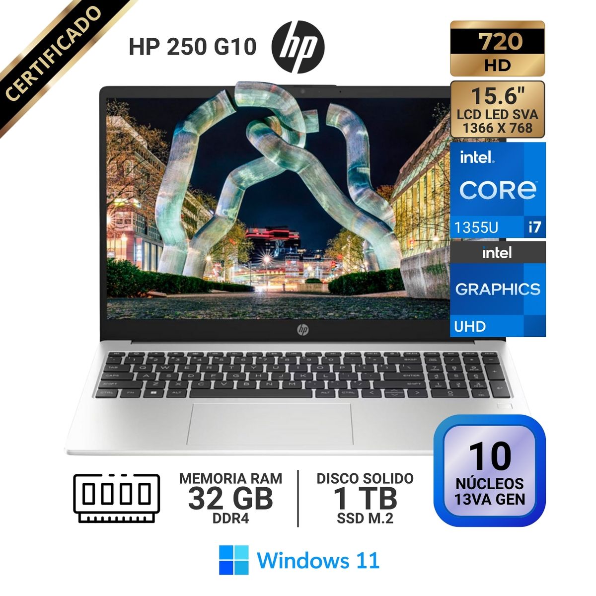 HP - Laptop HP 250 G10, 15.6" LCD LED HD SVA, Core i7-1355U 13va GEN, RAM 32GB, SSD 1 TB, Windows 11
