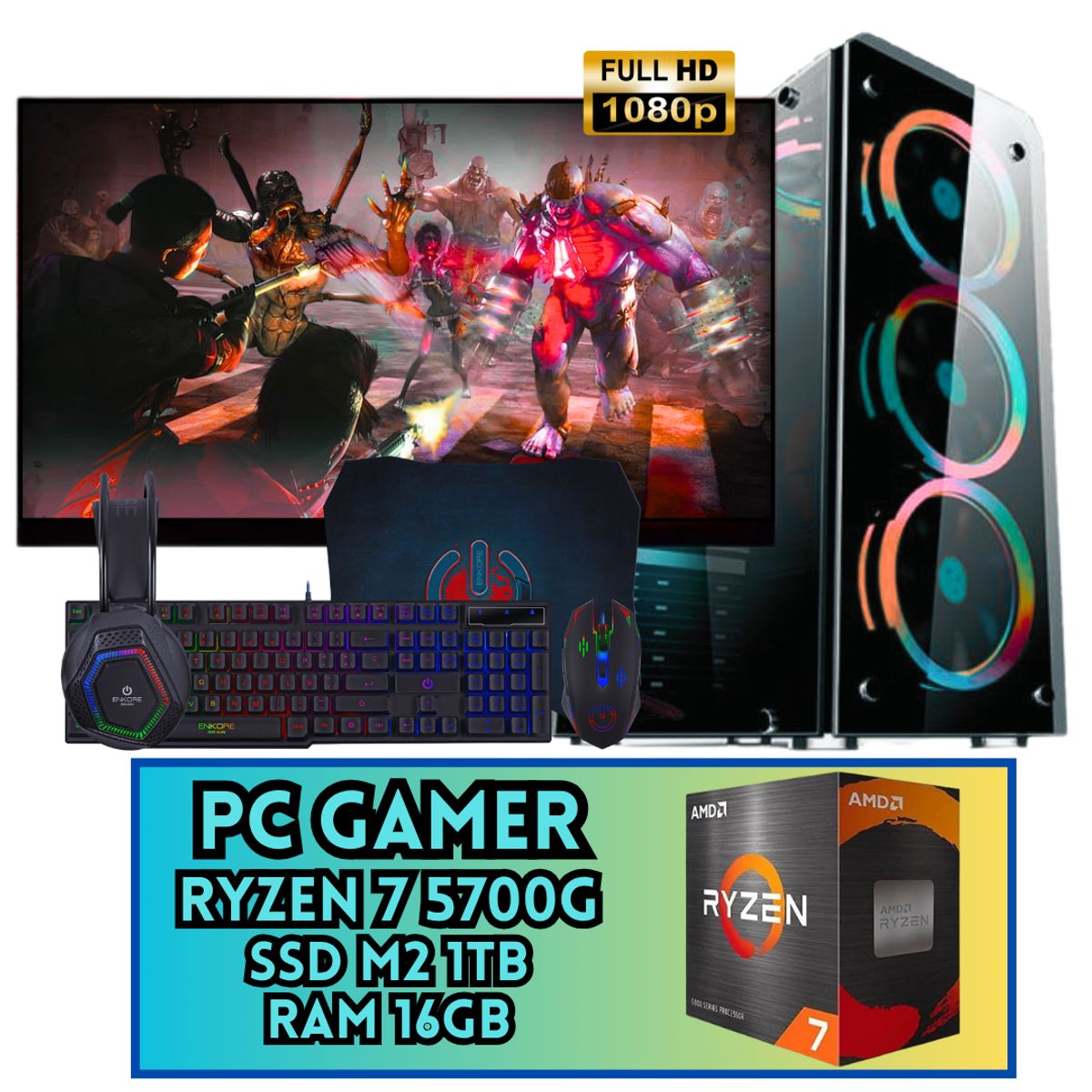 AMD - PC GAMER RGB AMD RYZEN 7 5700G SSD M2 1TB RAM 16GB MONITOR FHD 24
